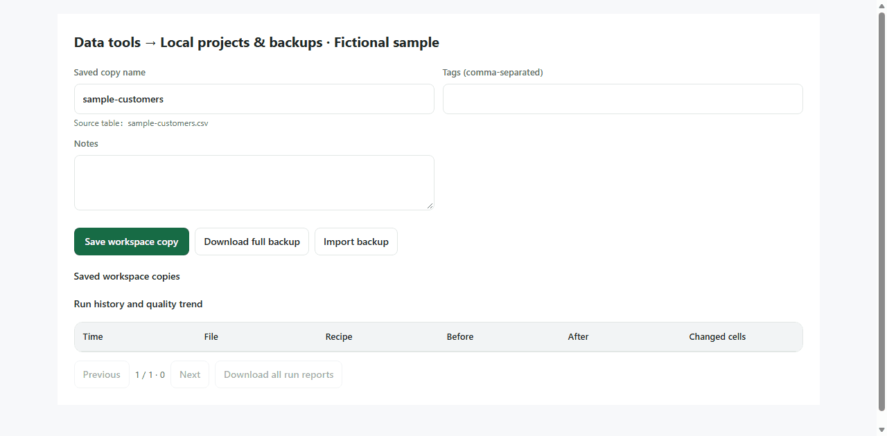 Local projects and backups panel with Save workspace copy, Download full backup, and Import backup