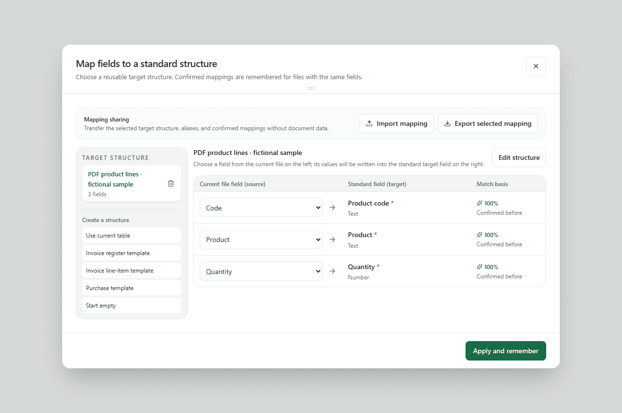 Field mapping dialog with Code, Product, and Quantity matched to target fields